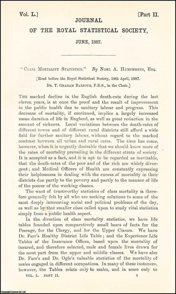 Item #508510 Class Mortality Statistics. 38 pages, 8 tables. An article printed in 1887, written...
