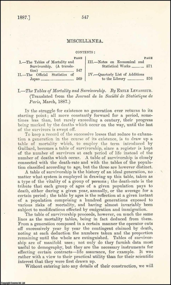 Item #508516 The Tables of Mortality & Survivorship. An uncommon original article from the...