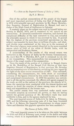 Item #508558 The Imperial Census of India of 1891. An uncommon original article from the Journal...