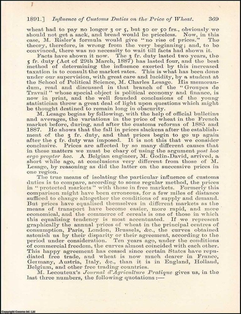 Item #508572 The Influence of Customs Duties on the Price of Wheat. An uncommon original article...