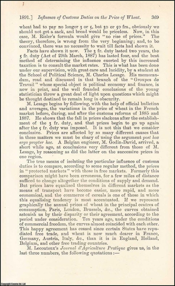 Item #508572 The Influence of Customs Duties on the Price of Wheat. An uncommon original article...