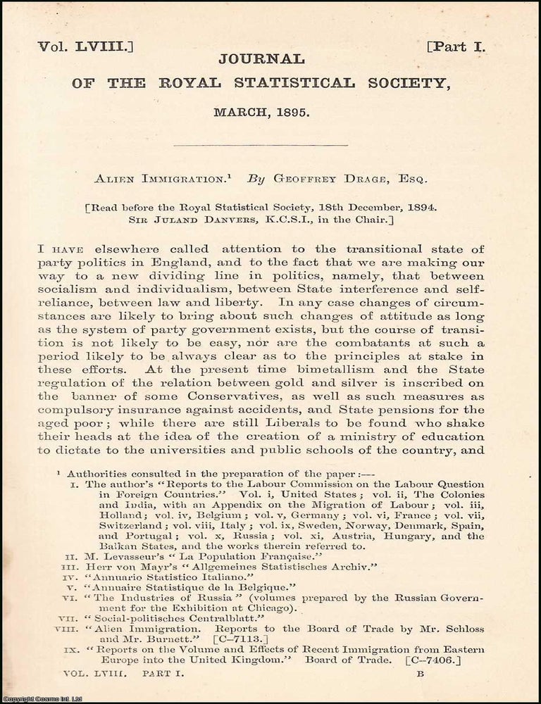 Item #508608 Alien Immigration, 1895. An uncommon original article from the Journal of the Royal...