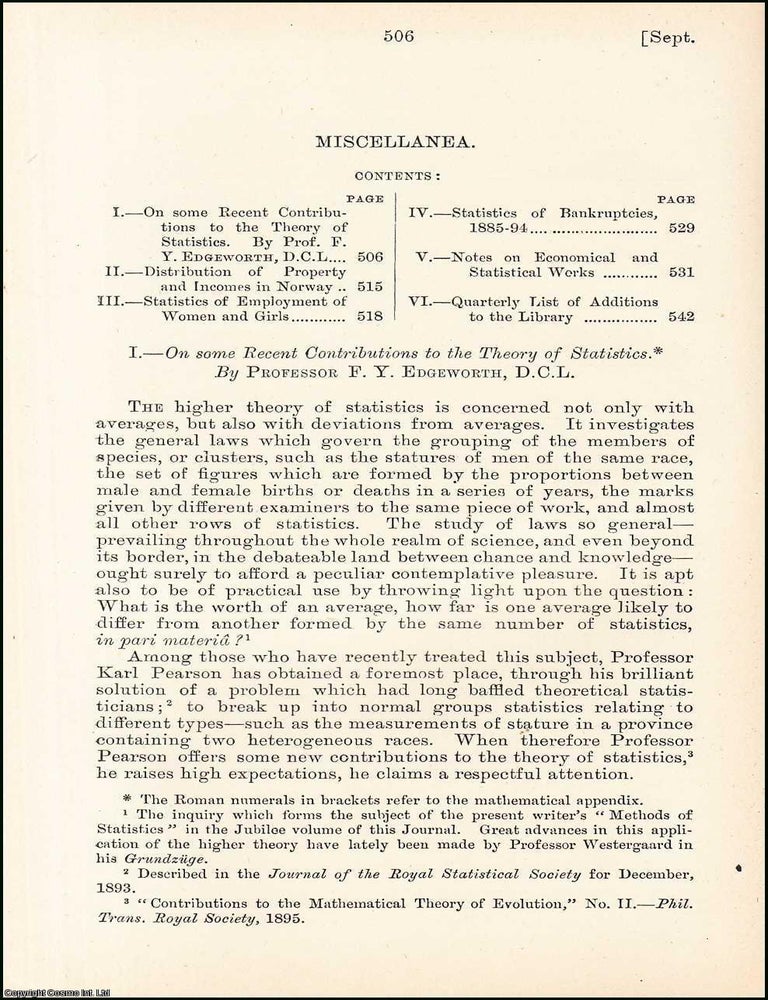 Item #508615 Recent Contributions to the Theory of Statistics. An uncommon original article from...