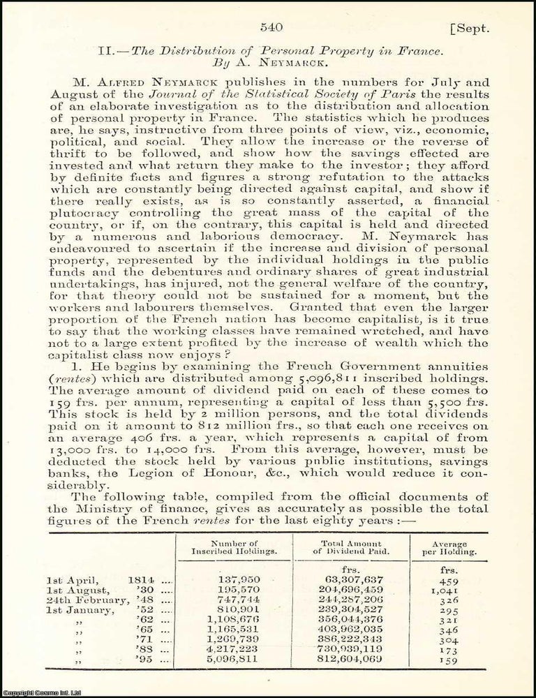 Item #508632 The Distribution of Personal Property in France. An uncommon original article from...