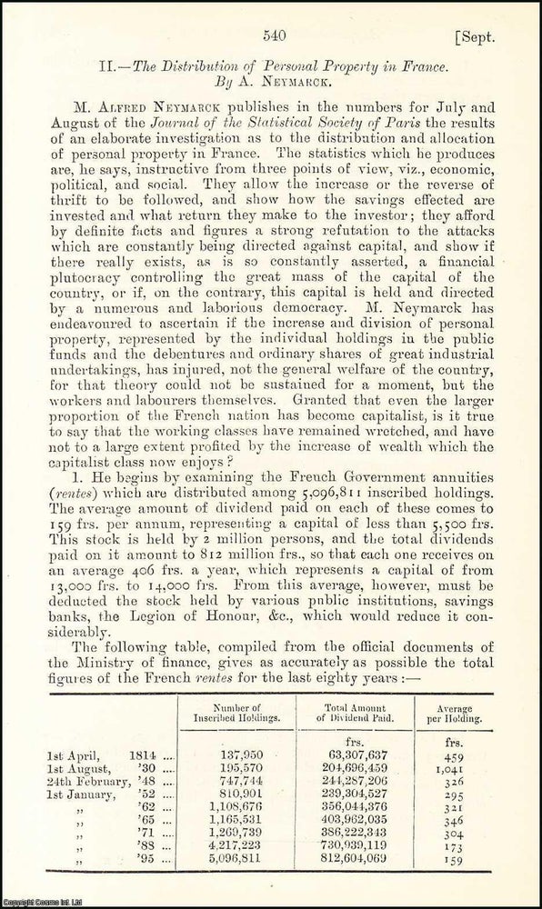 Item #508632 The Distribution of Personal Property in France. An uncommon original article from...