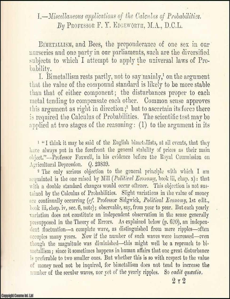 Item #508646 Applications of the Calculus of Probabilities. An uncommon original article from the...