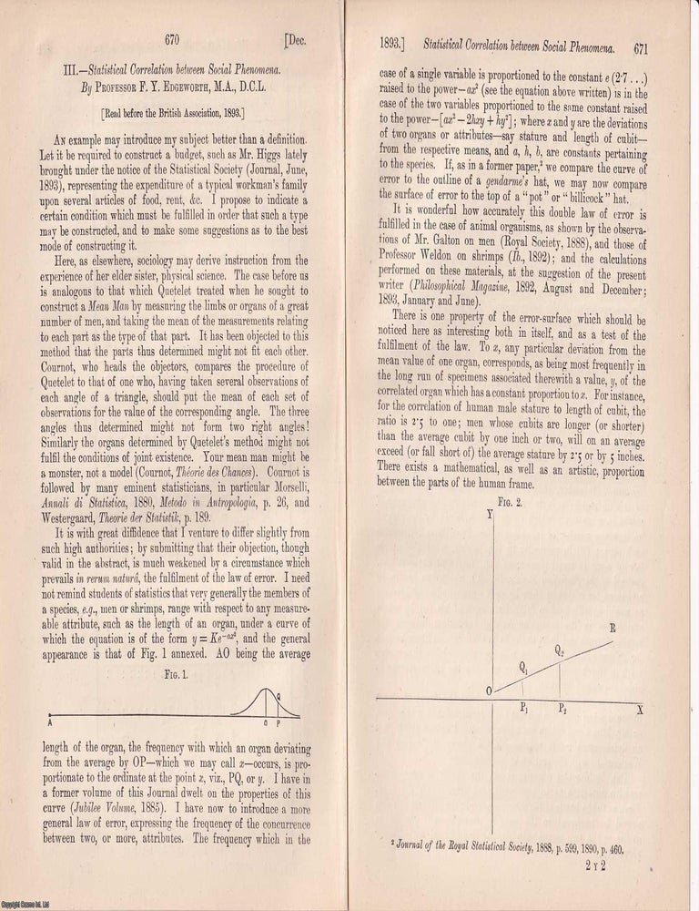 Item #508664 Statistical Correlation between Social Phenomena. An uncommon original article from...