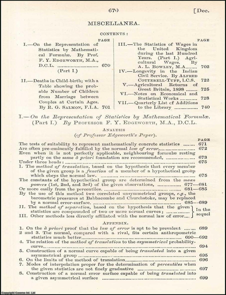 Item #508672 On the Representation of Statistics by Mathematical Formulae (part 1). An uncommon...