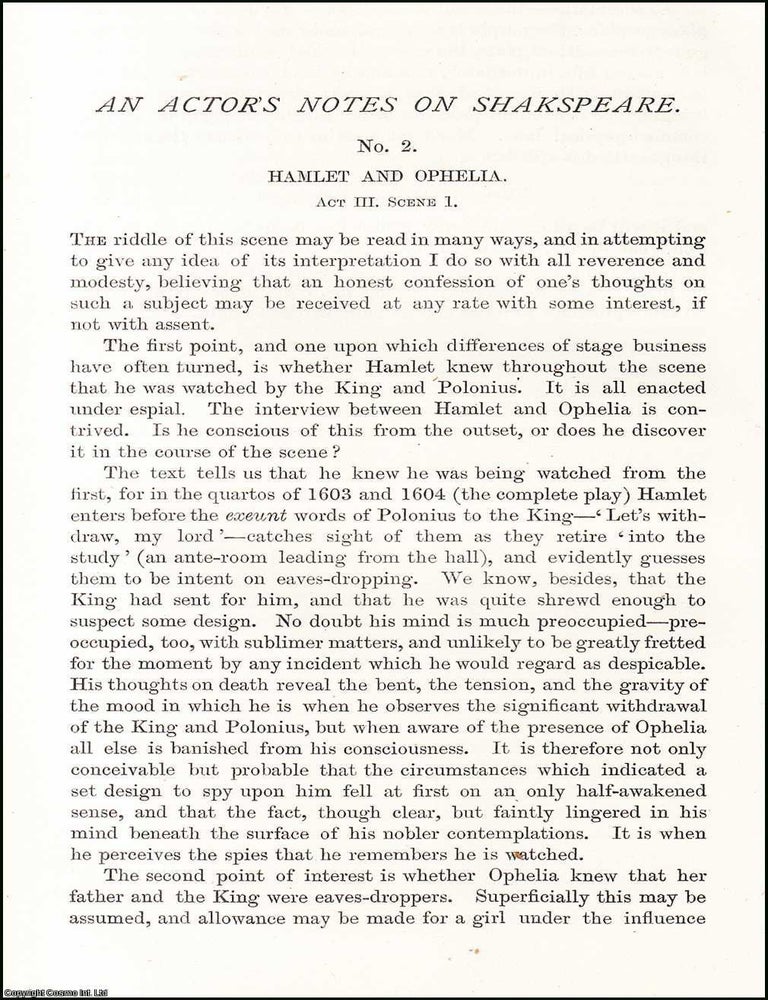 Item #508851 An Actor's Notes on Shakspeare : Hamlet and Ophelia, act III, Scene I. An original...