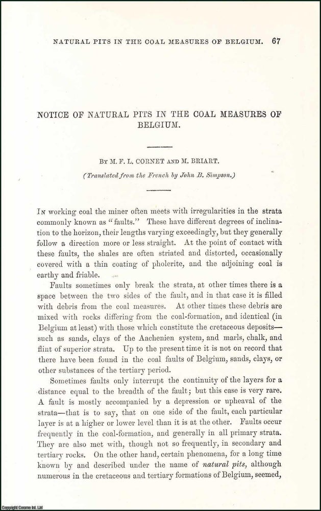 Item #509171 Notice of Natural Pits in the Coal Measures of Belgium. 14 pages, 8 plates. An...