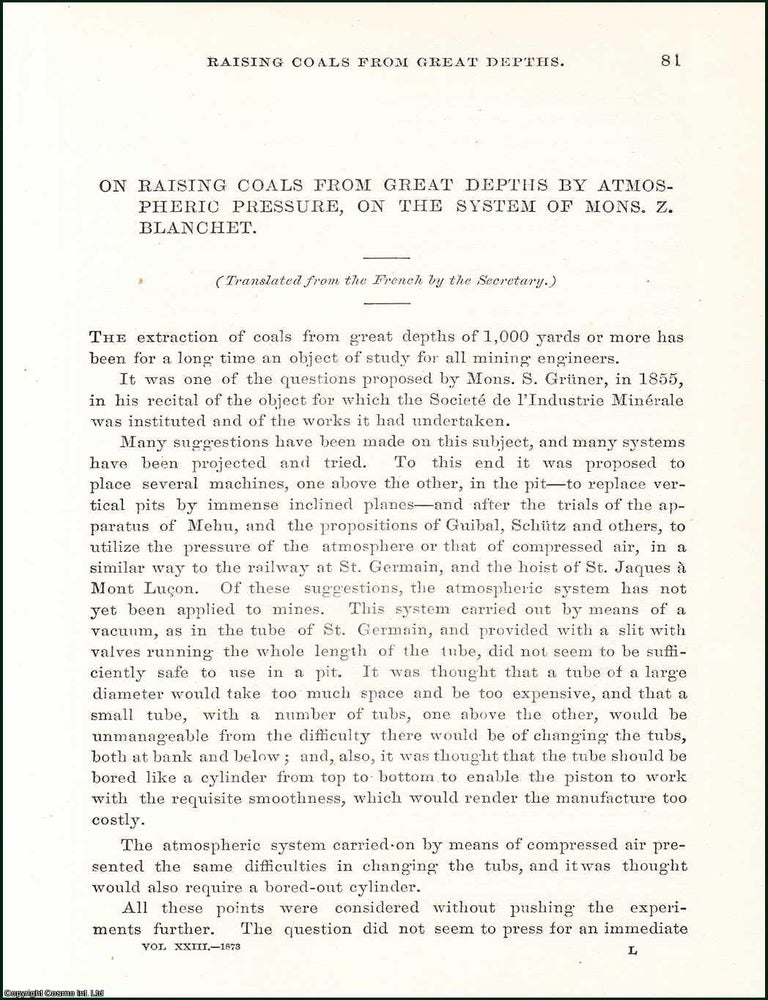 Item #509172 Raising Coals from Great Depths by Atmospheric Pressure, on the System of Mons. Z....