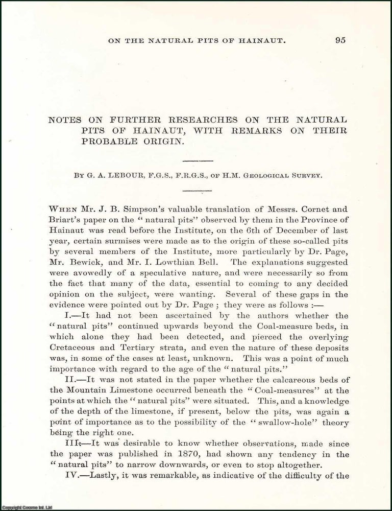 Item #509173 Notes on Further Researches on the Natural Pits of Hainaut, with Remarks on their...