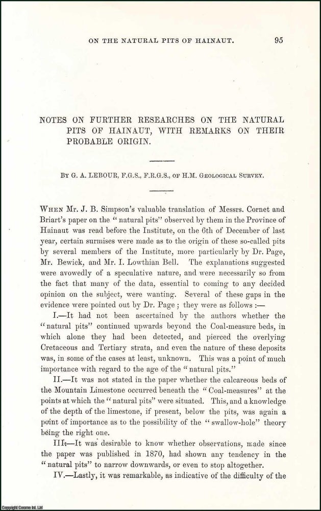 Item #509173 Notes on Further Researches on the Natural Pits of Hainaut, with Remarks on their...