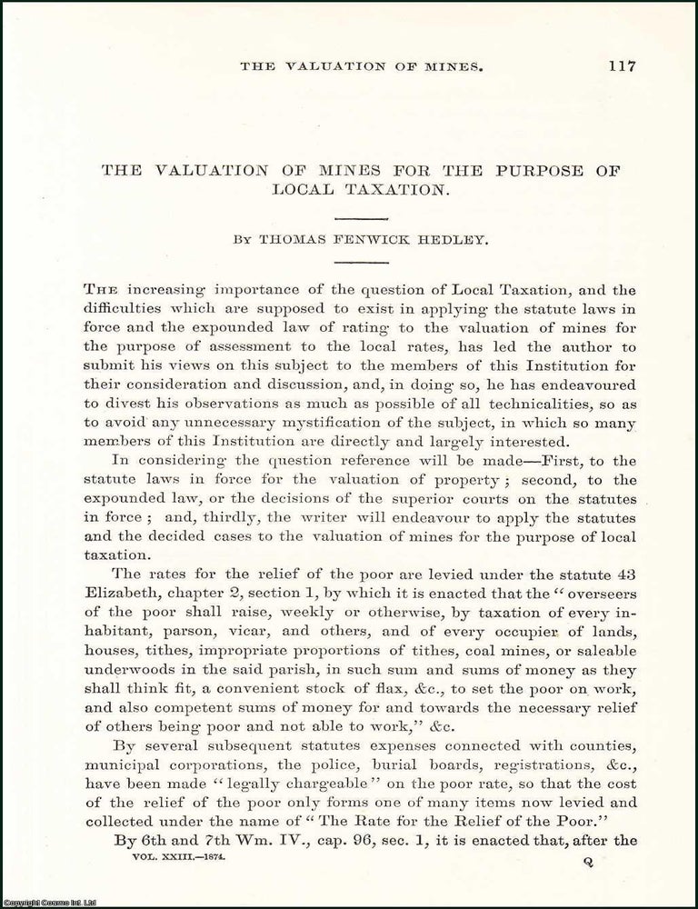 Item #509175 The Valuation of Mines for the Purpose of Local Taxation. 35 pages. An article...
