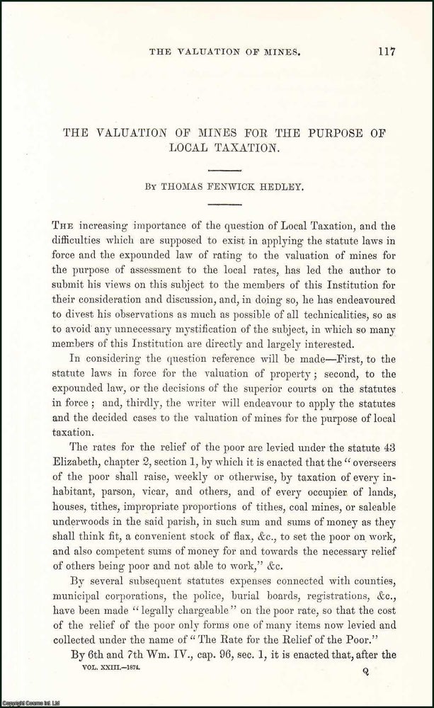Item #509175 The Valuation of Mines for the Purpose of Local Taxation. 35 pages. An article...