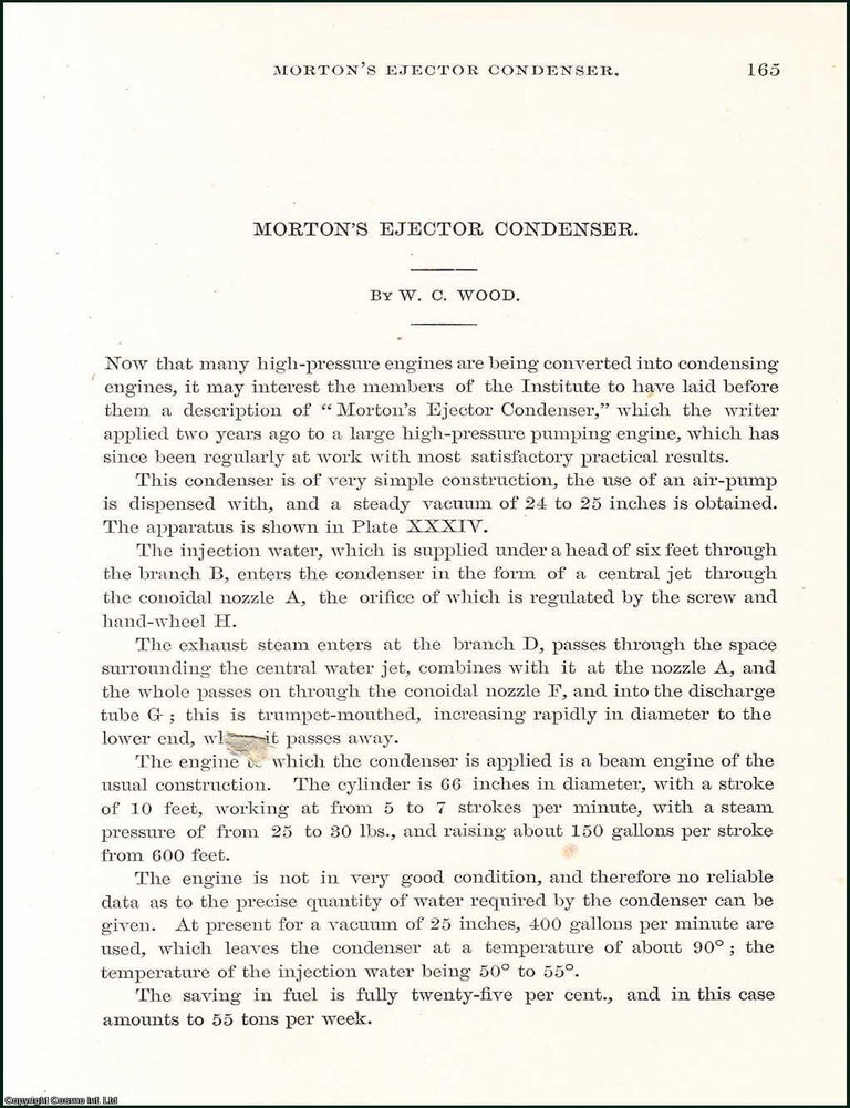 Item #509176 Morton's Ejector Condenser. 2 pages, 1 plate. An article printed in 1874,...