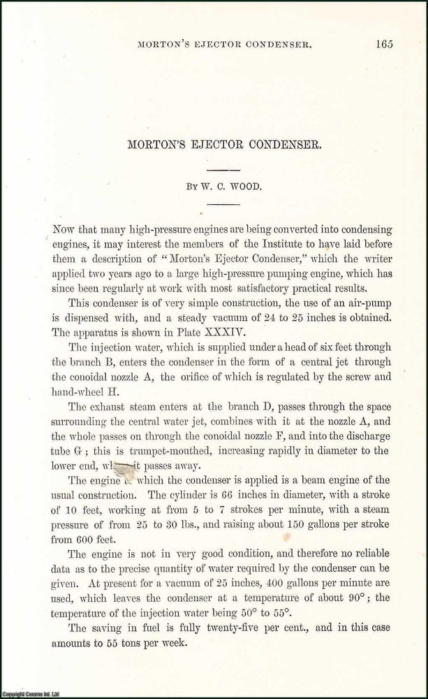 Item #509176 Morton's Ejector Condenser. 2 pages, 1 plate. An article printed in 1874,...
