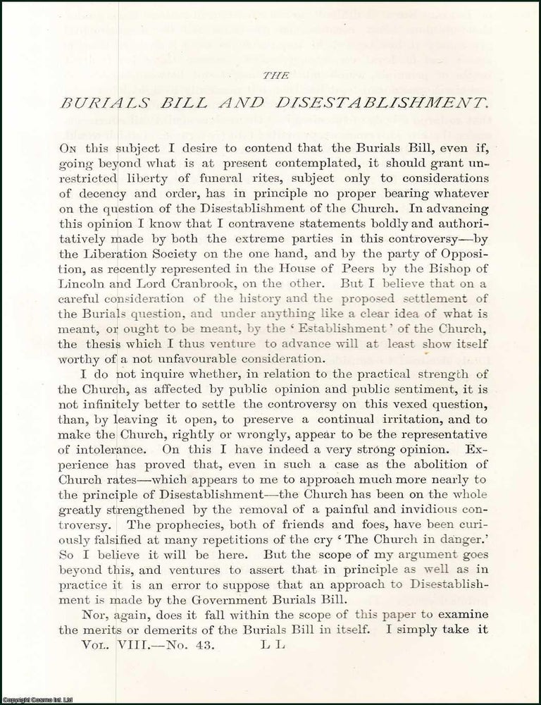Item #509231 The Burials Bill and Disestablishment. An original article from the Nineteenth...