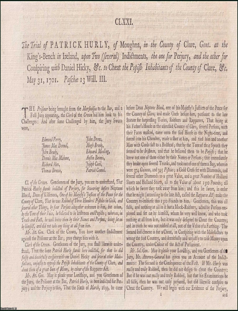 Item #509755 1701 Trial of Patrick Hurly at the Kings Bench in Ireland for Perjury & Conspiracy....