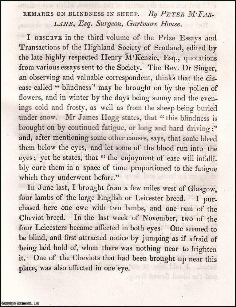 Item #510351 Blindness in Sheep. 3 pages. An article printed in 1832, written by Peter McFarlane,...