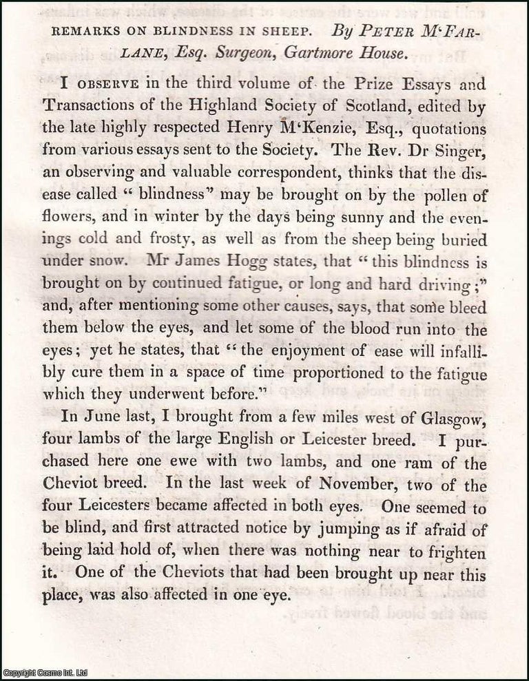 Item #510351 Blindness in Sheep. 3 pages. An article printed in 1832, written by Peter McFarlane,...