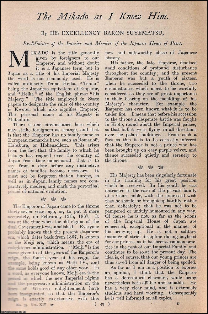 Item #511677 The Mikado as I know him : the Emperor of Japan. An uncommon original article from...