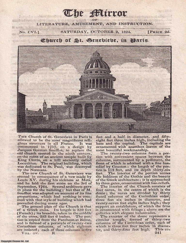 Item #511897 Church of St. Genevieve, in Paris. A complete rare weekly issue of the Mirror of...