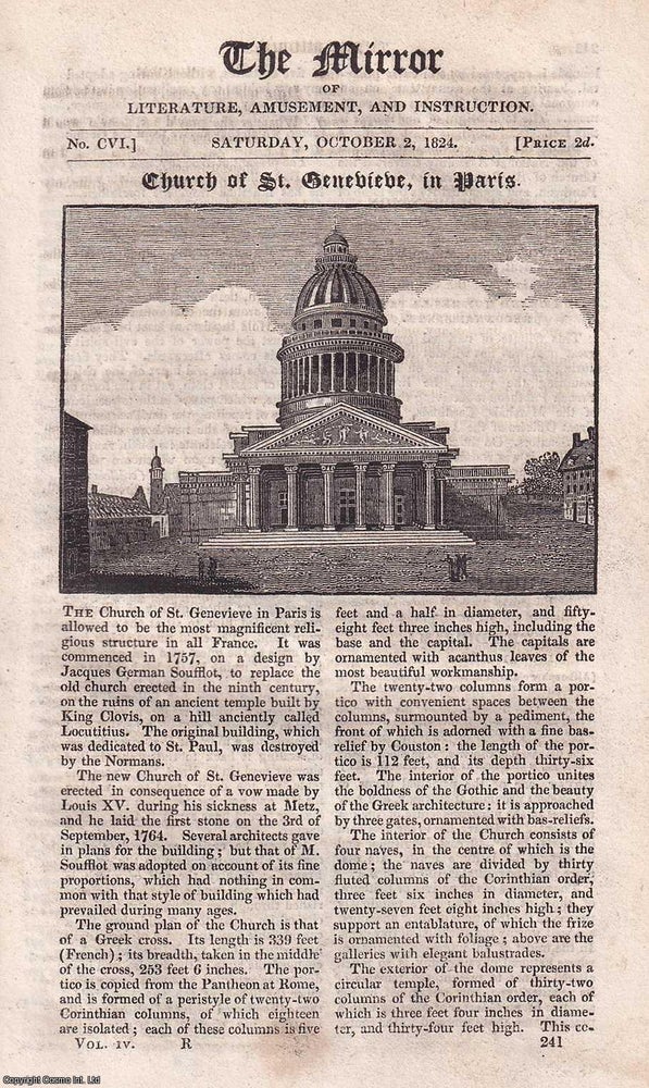 Item #511897 Church of St. Genevieve, in Paris. A complete rare weekly issue of the Mirror of...