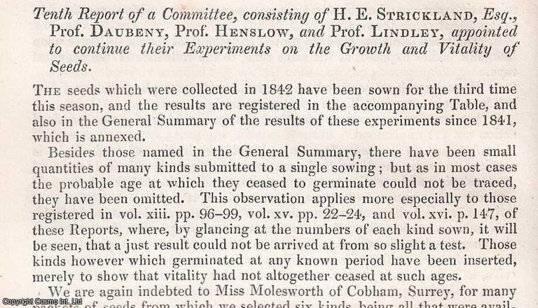 Item #512430 1850. The Growth and Vitality of Seeds. 9 pages, 10 tables. An article printed in...