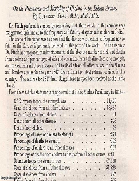 Item #512495 The Prevalence & Mortality of Cholera in the Indian Armies. An uncommon original...