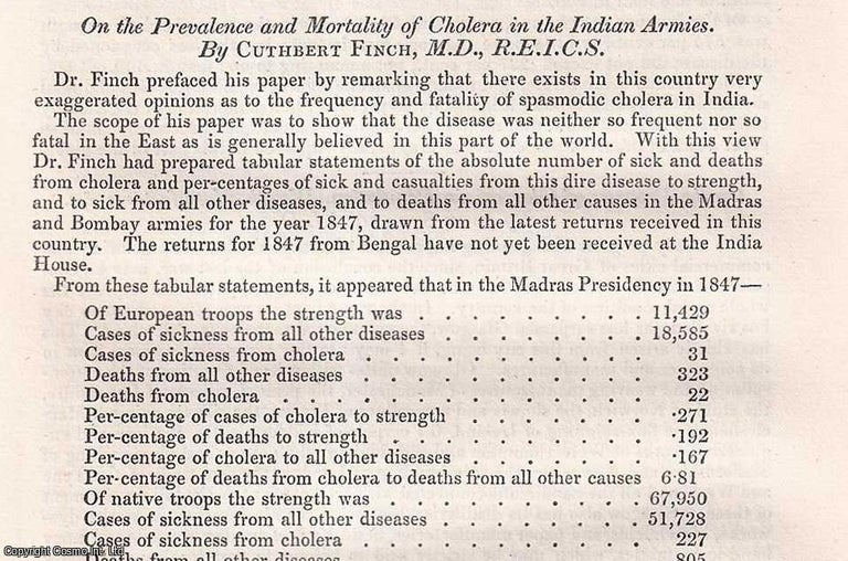 Item #512495 The Prevalence & Mortality of Cholera in the Indian Armies. An uncommon original...
