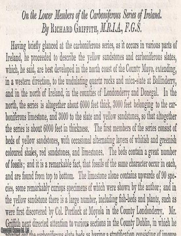 Item #512574 1852. The Geology of Ireland. 2 pages. An article printed in 1853, written by...