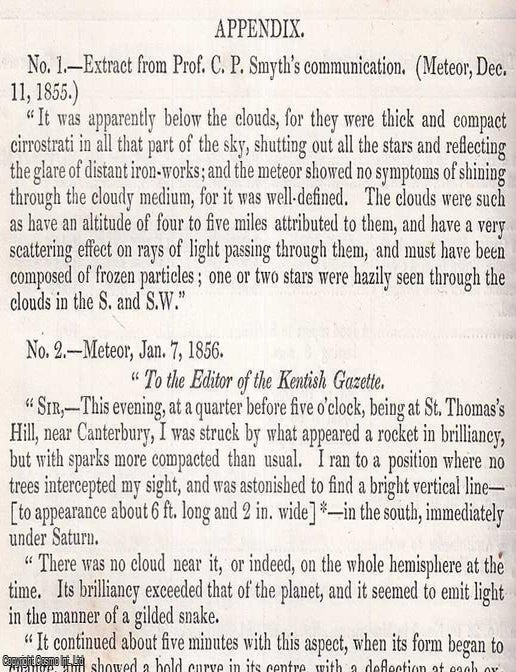 Item #512648 1856. Observations of Luminous Meteors, 1855 - 56. 10 pages, 3 tables, 5 figures. An...
