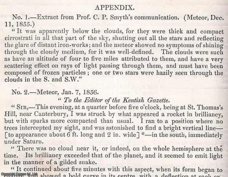 Item #512648 1856. Observations of Luminous Meteors, 1855 - 56. 10 pages, 3 tables, 5 figures. An...