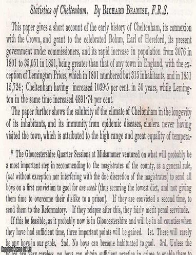 Item #512691 Statistics of Cheltenham. An uncommon original article from the British Association...