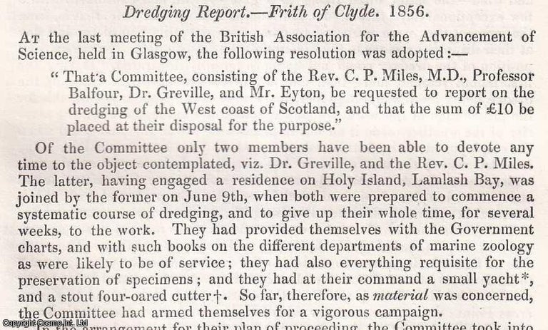 Item #512707 1856. Dredging Report - Frith of Clyde. 7 pages, 5 tables, 1 map. An article printed...