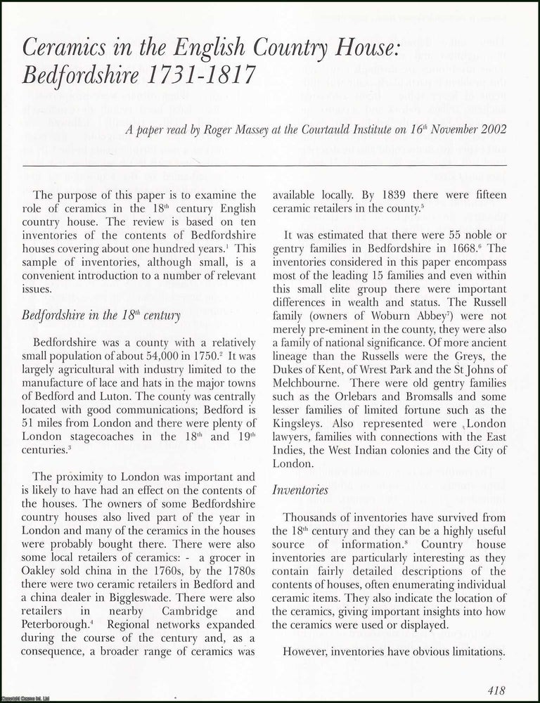 Item #513624 Ceramics in the English Country House : Bedfordshire, 1731-1817. An original article...