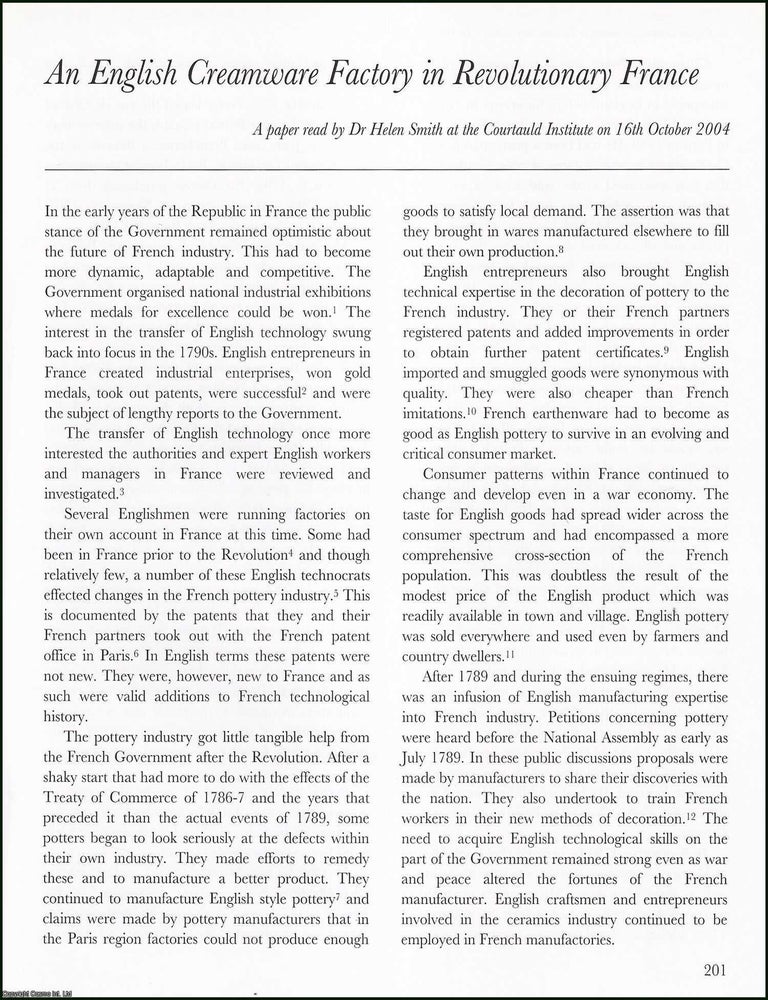 Item #513629 An English Creamware Factory in Revolutionary France. An original article from the...