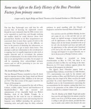 Item #513638 Early History of the Bow Porcelain Factory from Primary Sources. An original article...