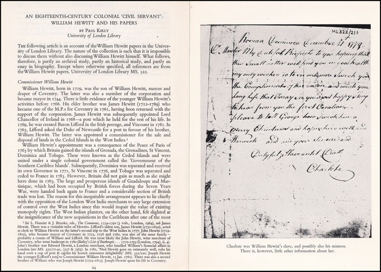 Item #514513 An Eighteenth-Century Colonial Civil Servant : William Hewitt & his papers. An...