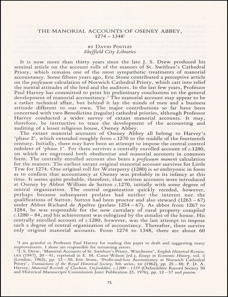 Item #514517 The Manorial Accounts of Oseney Abbey, 1274-1348. An original article from Archives,...