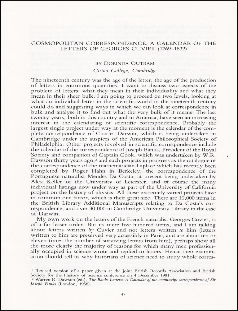 Item #514520 Cosmopolitan Correspondence : A Calendar of the Letters of Georges Cuvier...