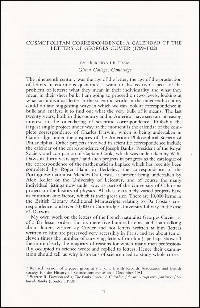 Item #514520 Cosmopolitan Correspondence : A Calendar of the Letters of Georges Cuvier...
