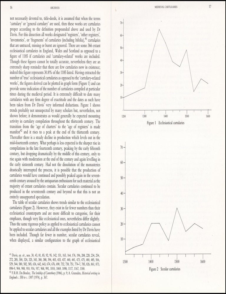 Item #514528 Medieval Cartularies. 33 pages, 2 graphs. An article printed in 1987, written by...