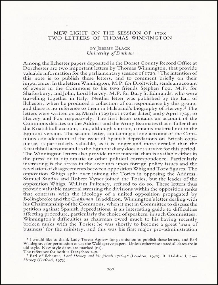 Item #514531 New Light on the Session of 1729 : Two Letters of Thomas Winnington. An original...