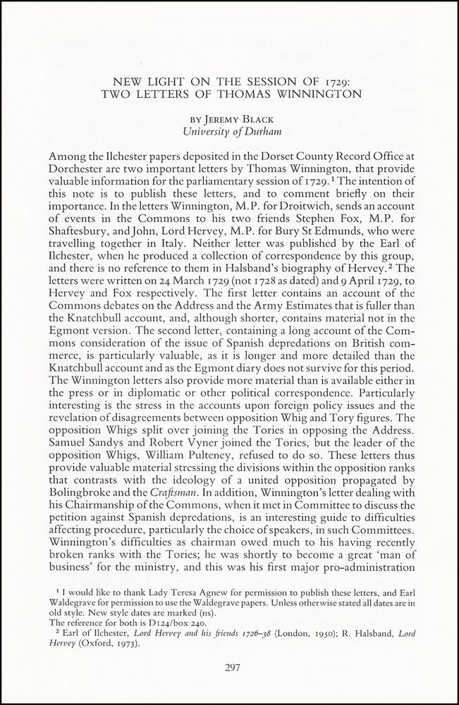 Item #514531 New Light on the Session of 1729 : Two Letters of Thomas Winnington. An original...
