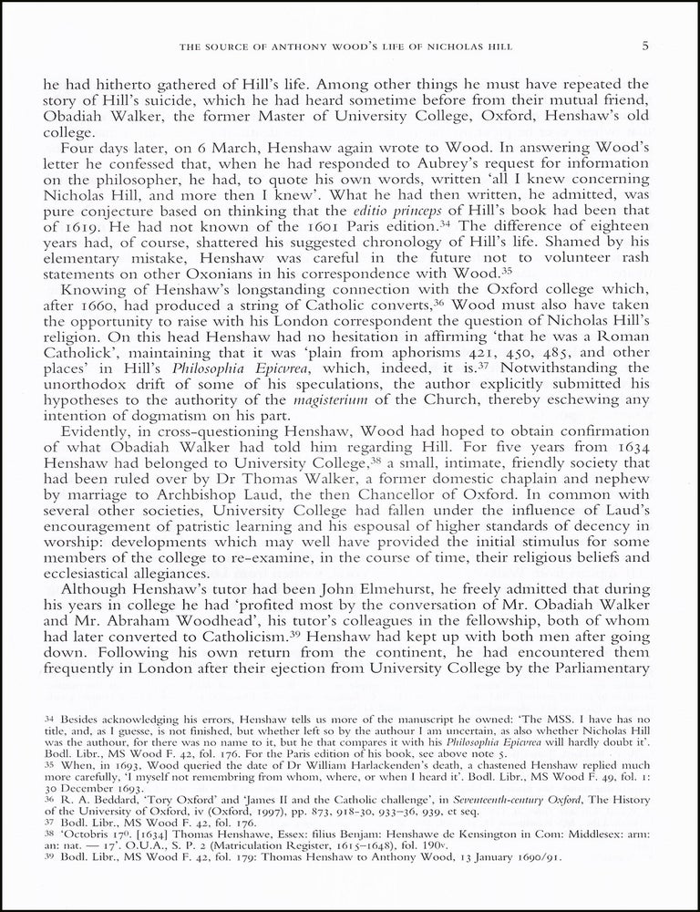 Item #514553 The Sources of Anthony Wood's Life of Nicholas Hill. An original article from...