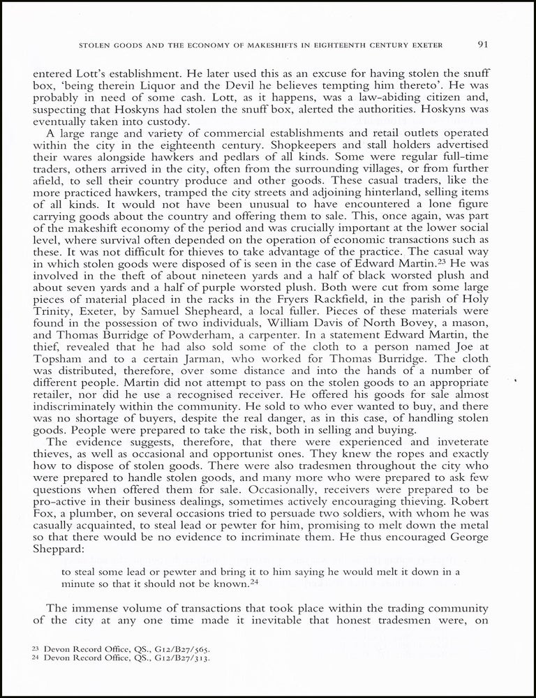Item #514554 Stolen Goods & the Economy of Makeshifts in Eighteenth Century Exeter. 13 pages....
