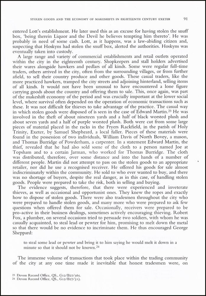 Item #514554 Stolen Goods & the Economy of Makeshifts in Eighteenth Century Exeter. 13 pages....