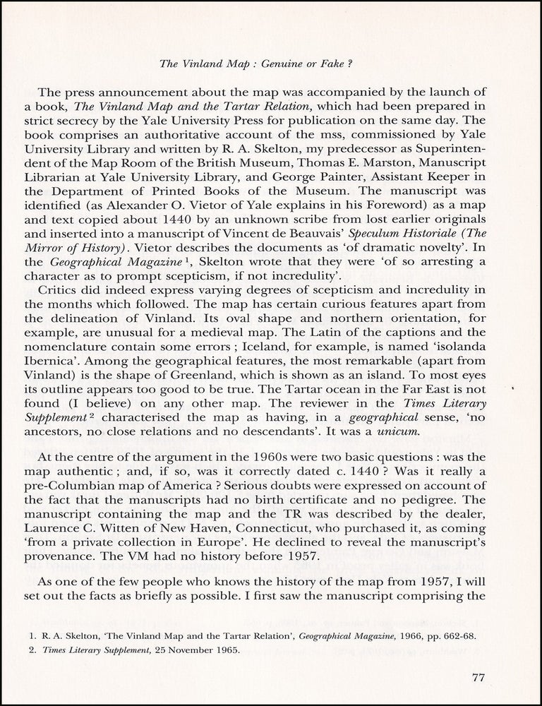 Item #514557 The Vinland Map : Genuine or Fake ? An original article from Bulletin du...